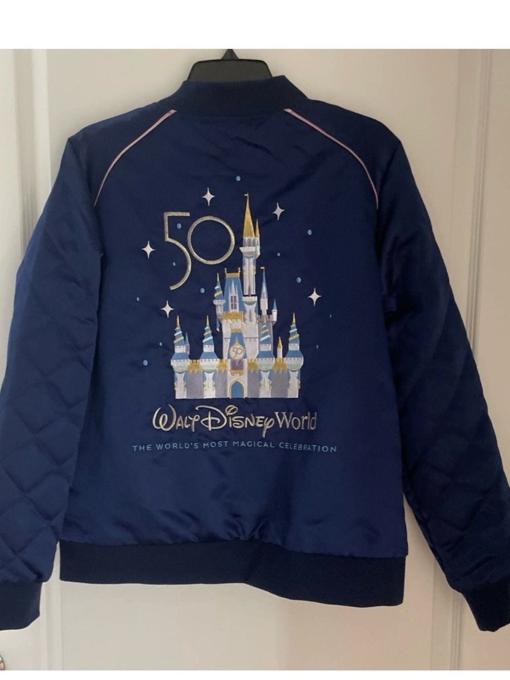 Walt Disney World 50th Anniversary Celebration Castle Satin Bomber Jacket L New